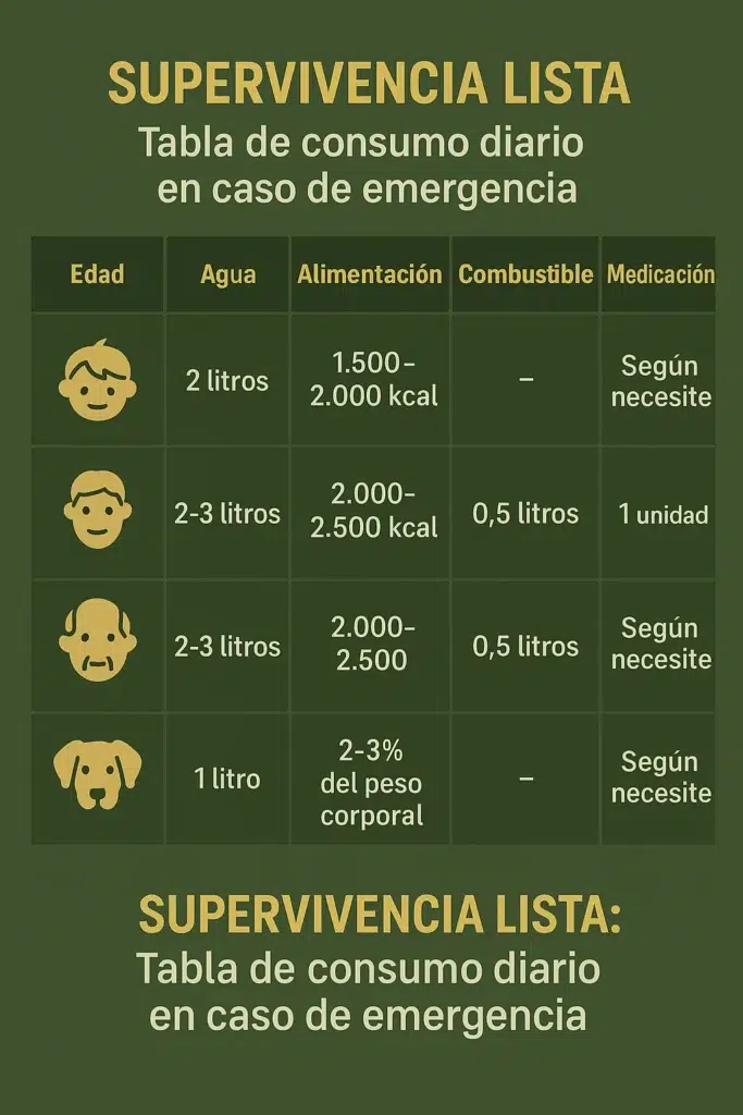 Infografía de resumen de tabla de consumo simulación para supervivencia en caso de emergencia