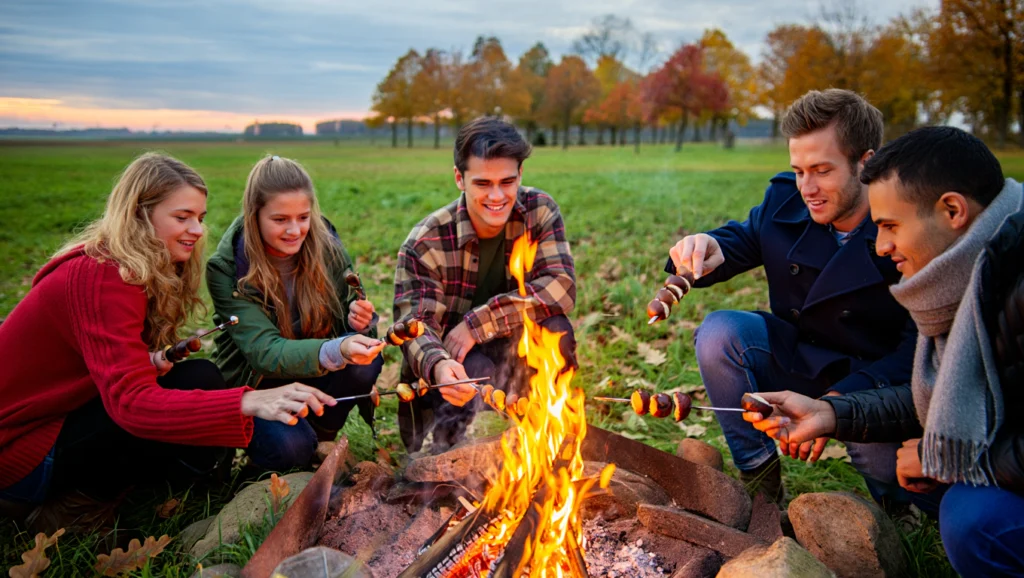 Jóvenes celebrando Calbotes en mitad del campo