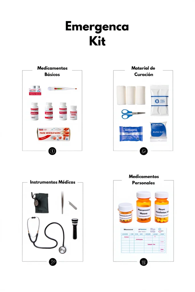 Complementos sanitarios y medicamentos esenciales para utilizar en caso de emergencia