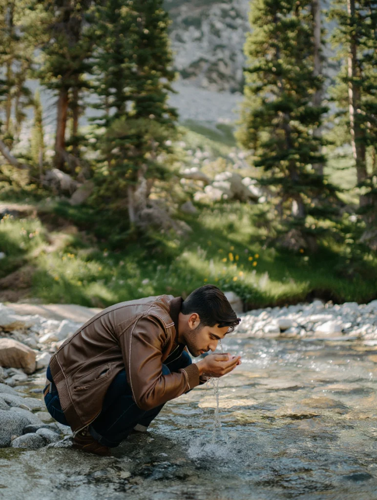 hombre bebiendo agua de un río sin tratar