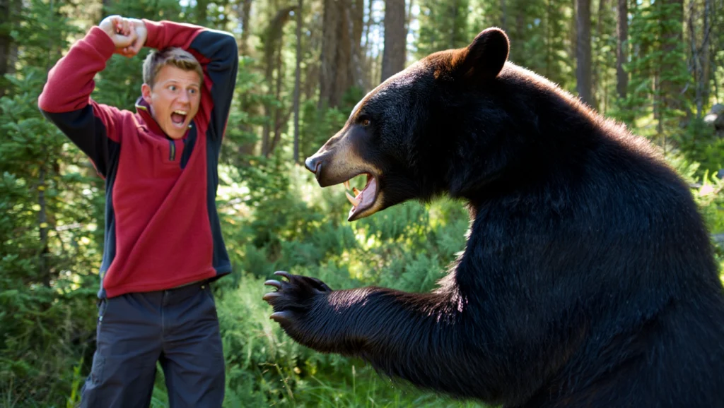 Composición de hombre atacando a oso. Mitos sobre supervivencia