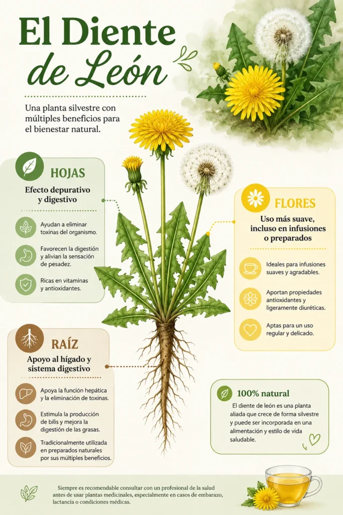 infografía sobre el diente de león como planta medicinal