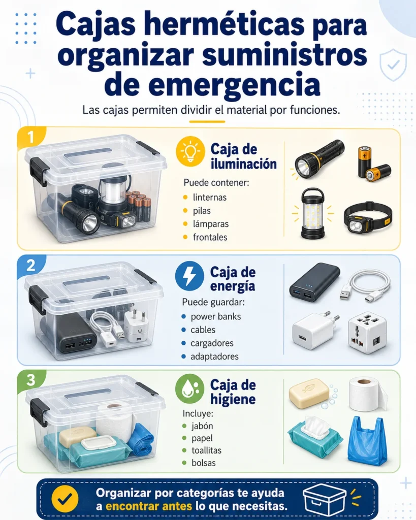 Cajas herméticas para organizar suministros de emergencia 